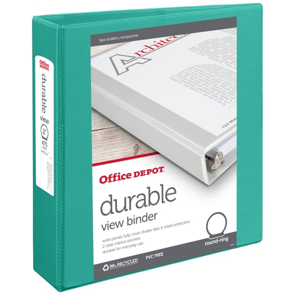 slide 1 of 1, Office Depot Brand Durable View Round-Ring Binder, 2'' Rings, Teal, 2 in