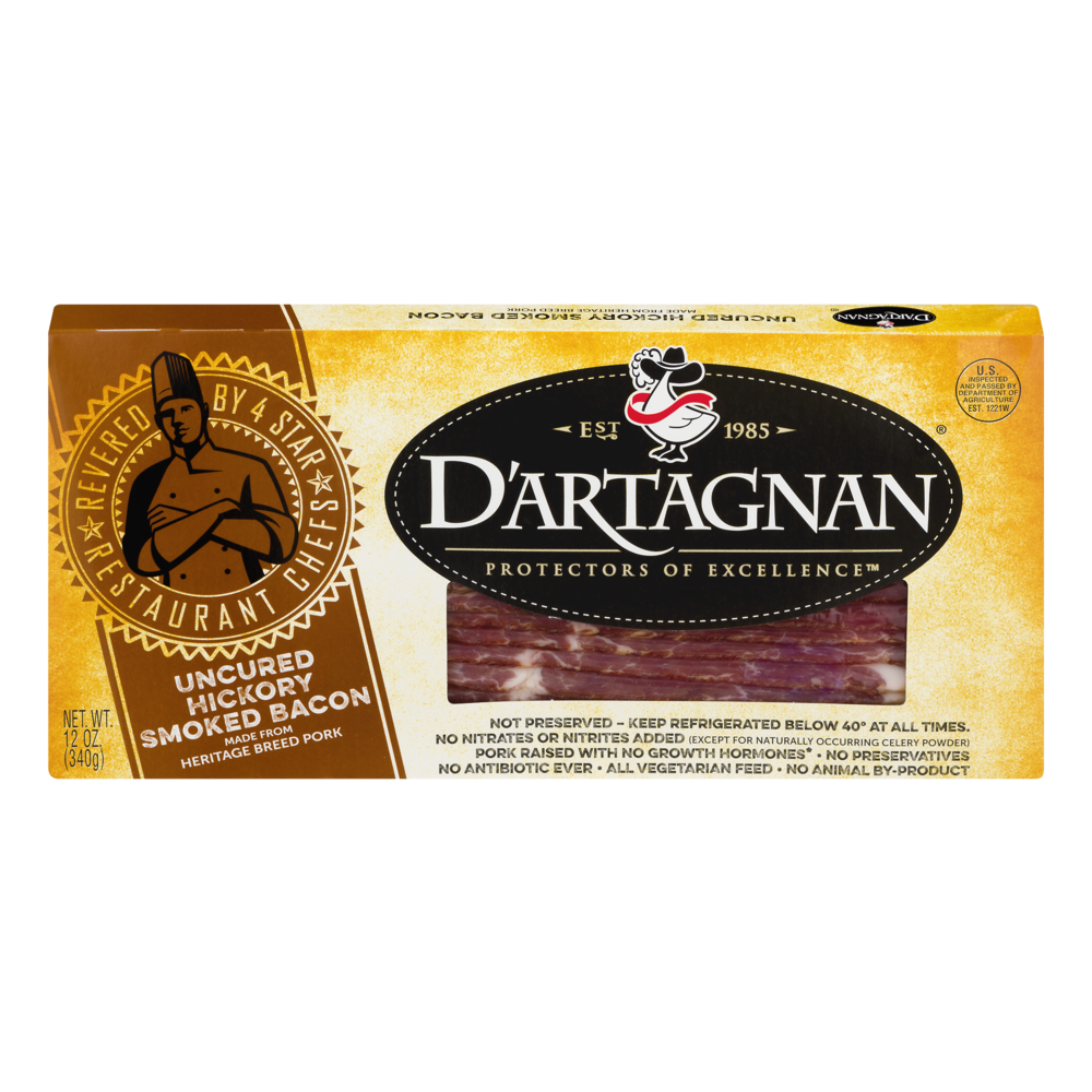 slide 1 of 1, D'Artagnan Uncured Hickory Smoked Bacon, 12 oz