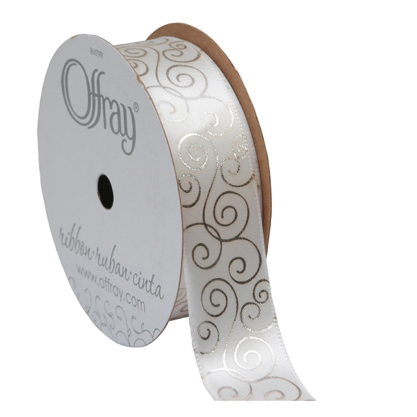 slide 1 of 1, Offray Ribbon Met Scroll White 0.875X, 9 ft