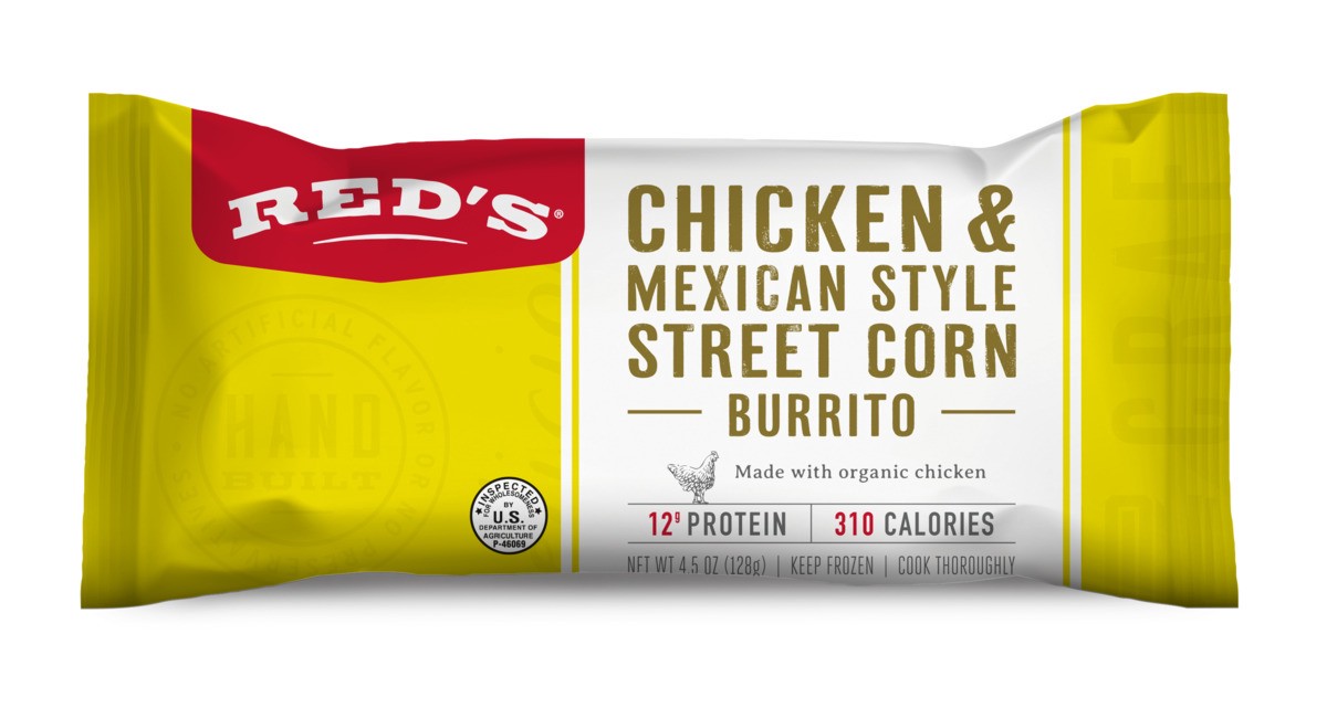 slide 1 of 9, Red's 84% Organic Chicken & Mexican Style Street Corn Burrito, 1 ct