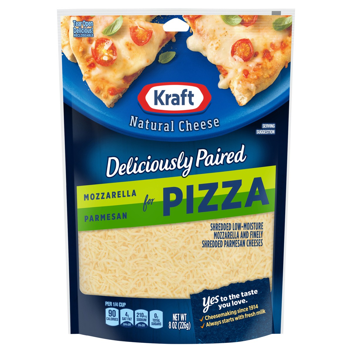 slide 1 of 15, Kraft Deliciously Paired Mozzarella & Parmesan Shredded Cheese for Pizza, 8 oz Bag, 8 oz