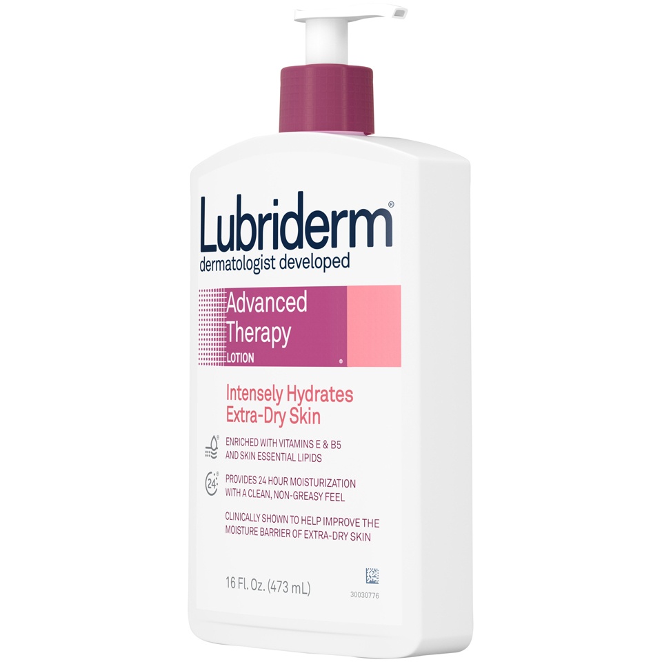 slide 3 of 6, Lubriderm Advanced Therapy Fragrance-Free Moisturizing Lotion with Vitamins E and Pro-Vitamin B5, Intense Hydration for Extra Dry Skin, Non-Greasy Formula, 16 fl oz