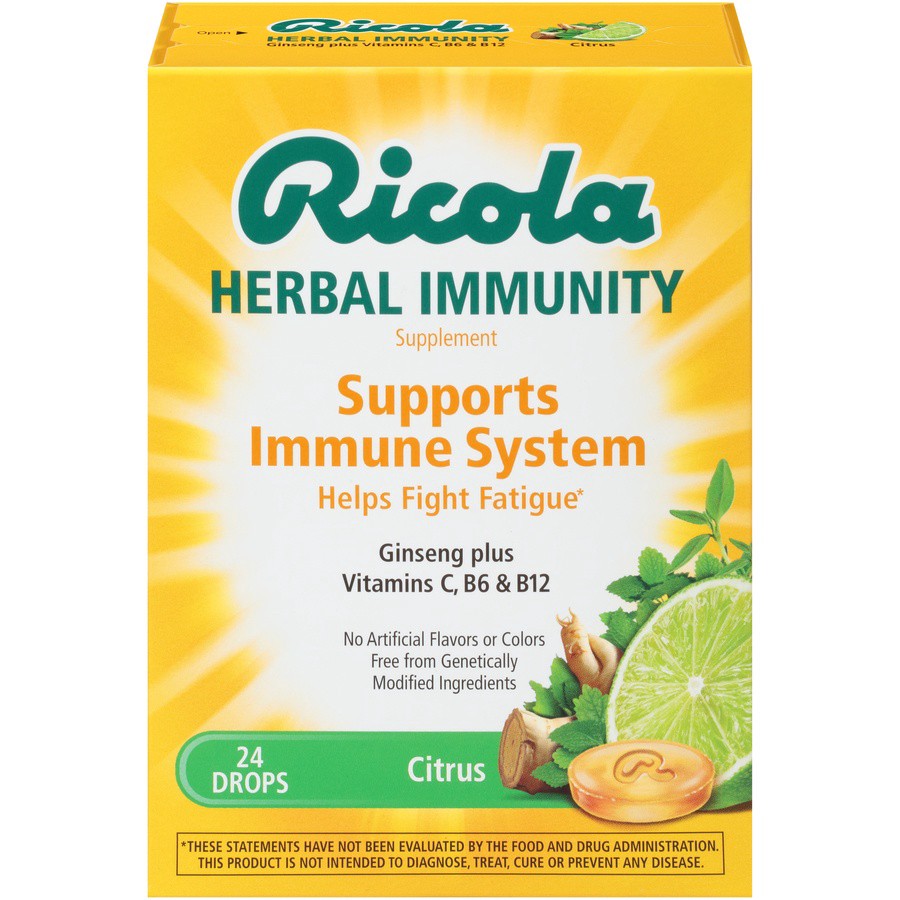 slide 1 of 7, Ricola Herbal Immunity Citrus Supplement Drops, 24 ct