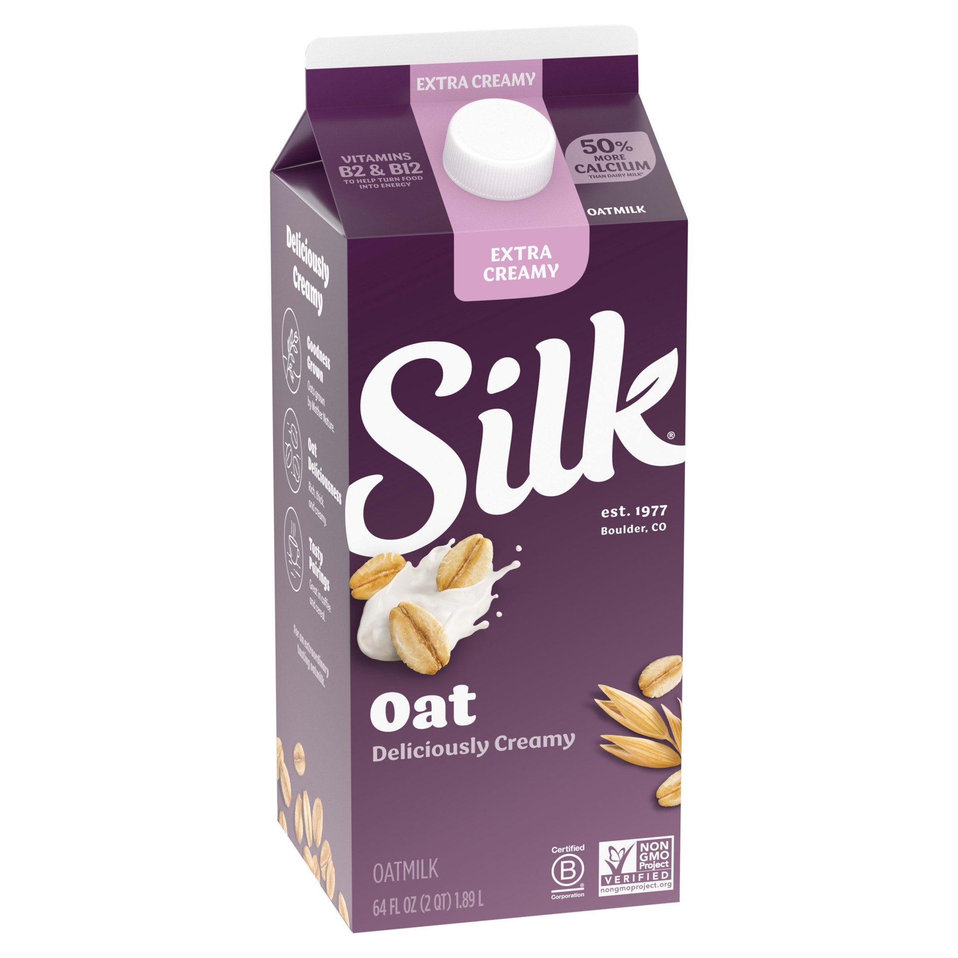 slide 5 of 5, Silk Oat Milk, Extra Creamy, Dairy Free, Gluten Free, Deliciously Creamy Vegan Milk with 50% More Calcium than Dairy Milk, 64 FL OZ Half Gallon, 64 fl oz