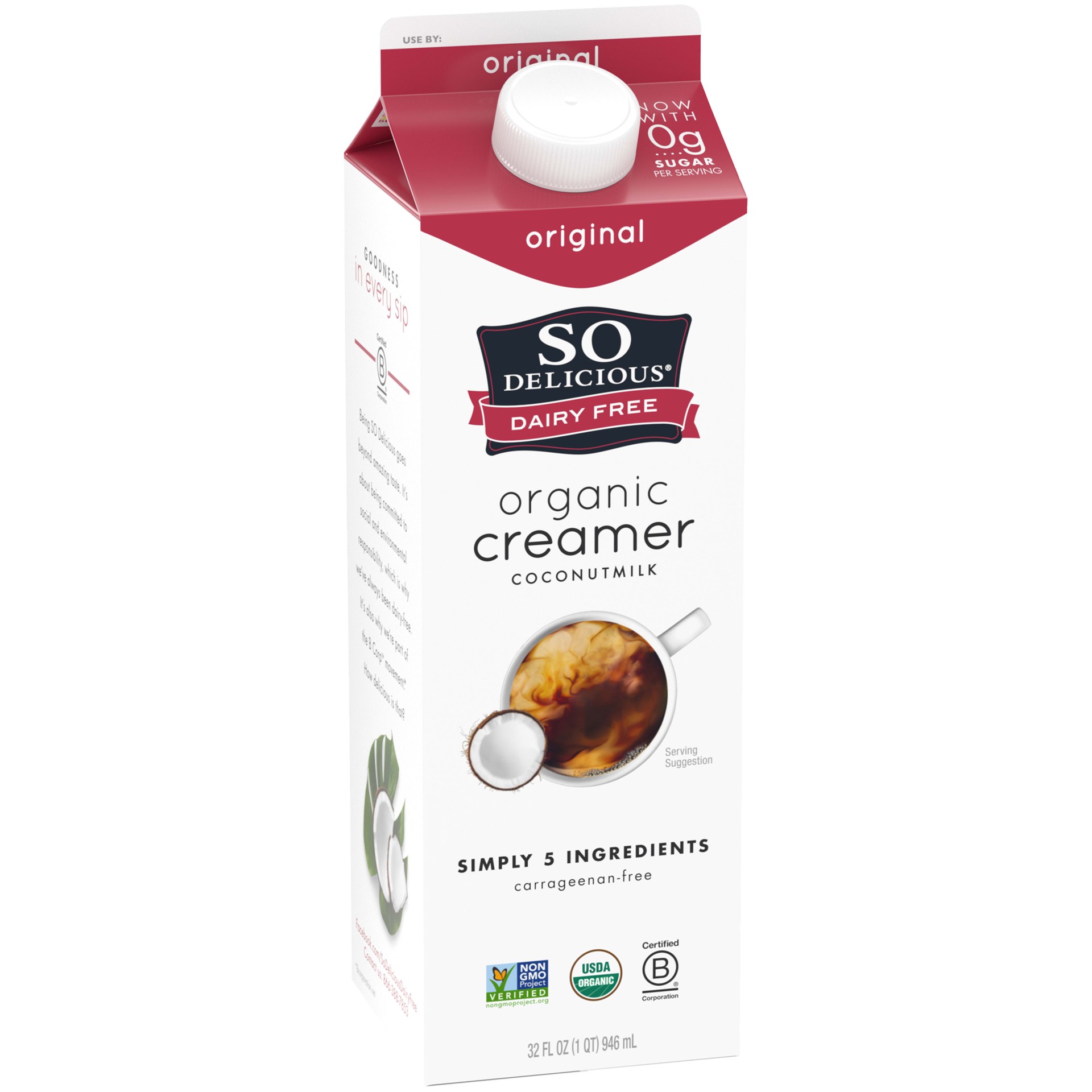 slide 5 of 5, So Delicious Dairy Free Organic Coconut Milk Creamer, Original, Vegan, Non-GMO Project Verified, 1 Quart, 32 fl oz