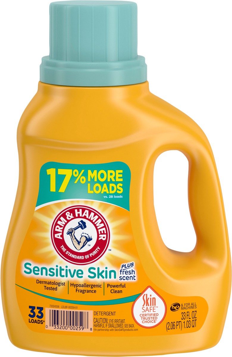 slide 8 of 9, ARM & HAMMER Sensitive Skin Plus Fresh Scent, 33 Loads Liquid Laundry Detergent, 33 Fl oz, 33 fl oz