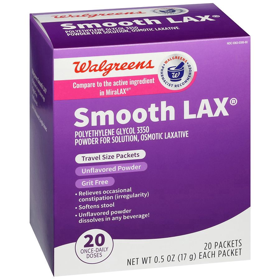 slide 3 of 5, Walgreens SmoothLax Polyethylene Glycol 3350, Powder for Solution, Osmotic Laxative, 20 ct