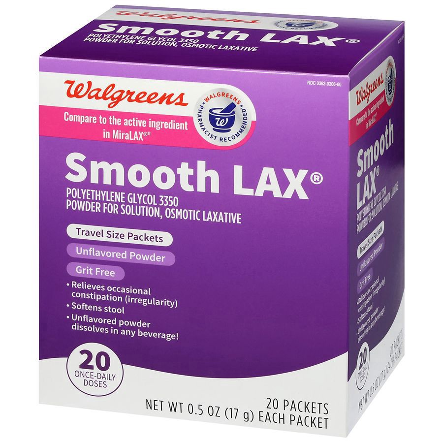 slide 2 of 5, Walgreens SmoothLax Polyethylene Glycol 3350, Powder for Solution, Osmotic Laxative, 20 ct