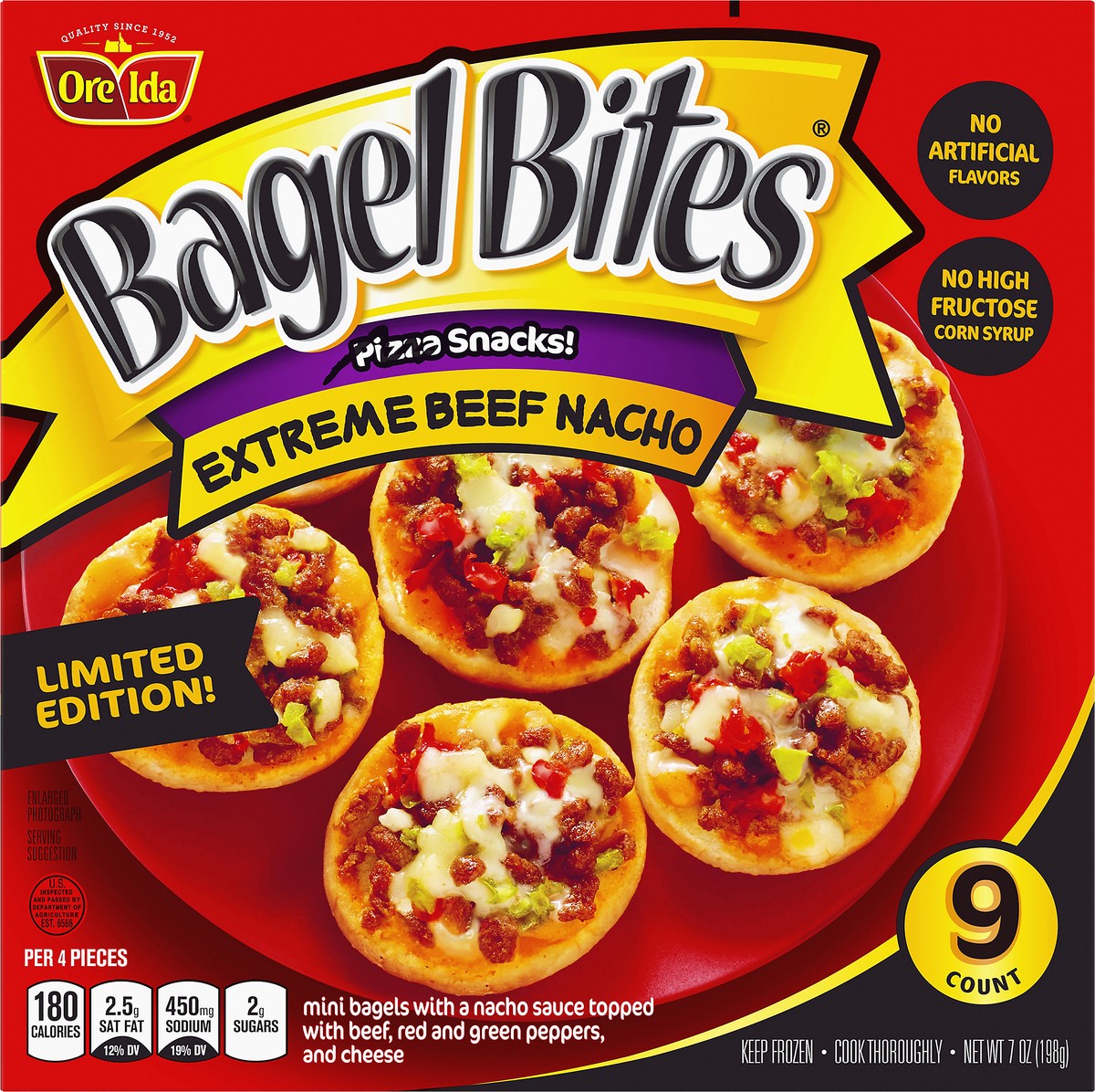 slide 5 of 10, Bagel Bites Extreme Beef Nacho Mini Bagels Frozen Pizza Snacks, 7 oz Box, 7 oz