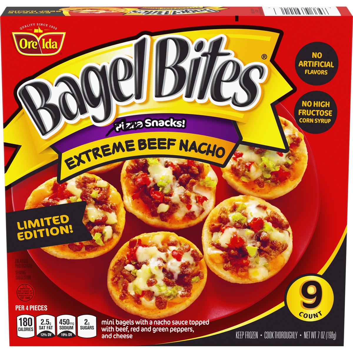 slide 1 of 10, Bagel Bites Extreme Beef Nacho Mini Bagels Frozen Pizza Snacks, 7 oz Box, 7 oz