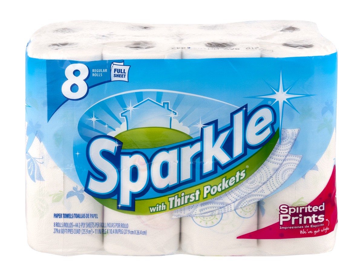 slide 1 of 9, Sparkle Paper Towels, Regular Rolls, Full Sheet, Spirited Prints, 2-Ply, 8 ct