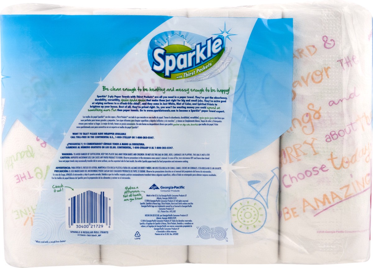 slide 9 of 9, Sparkle Paper Towels, Regular Rolls, Full Sheet, Spirited Prints, 2-Ply, 8 ct