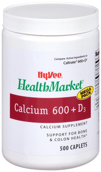 slide 1 of 1, Hy-Vee HealthMarket Calcium 600 + D3 Dietary Supplement Caplets, 500 ct