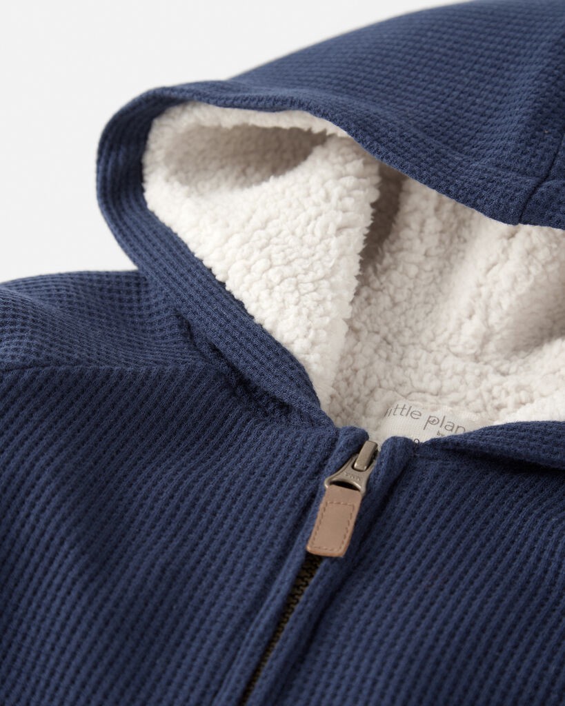 slide 3 of 4, Littleplanet Toddler Boy Waffle Knit Hooded Jacket Made with Organic Cotton Navy 2T, 2T