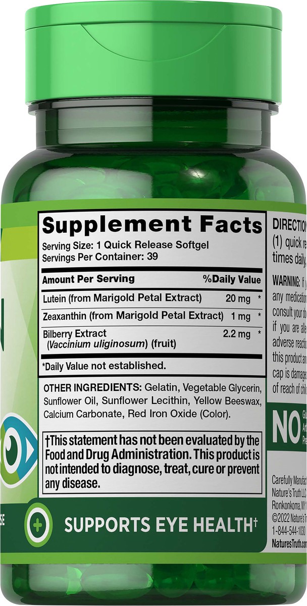 slide 4 of 5, Nature's Truth Lutein 20 mg + Zeaxan & Bilberry 39 SG, 39 ct