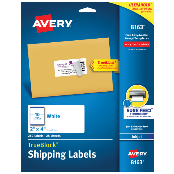 slide 1 of 4, Avery 08163, Shipping Labels With Ultrahold Ad & TrueBlock, Inkjet, 2 x 4, White, 250 ct