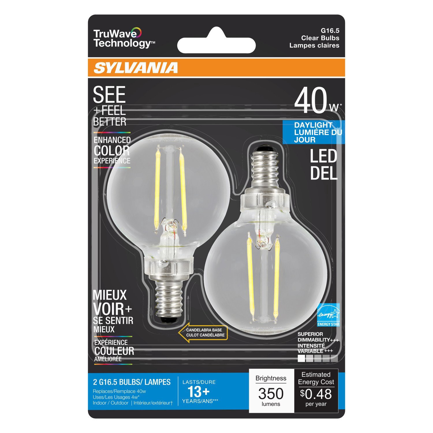 slide 1 of 1, Sylvania TruWave G16.5 40-Watt Clear LED Light Bulbs - Daylight, 2 ct