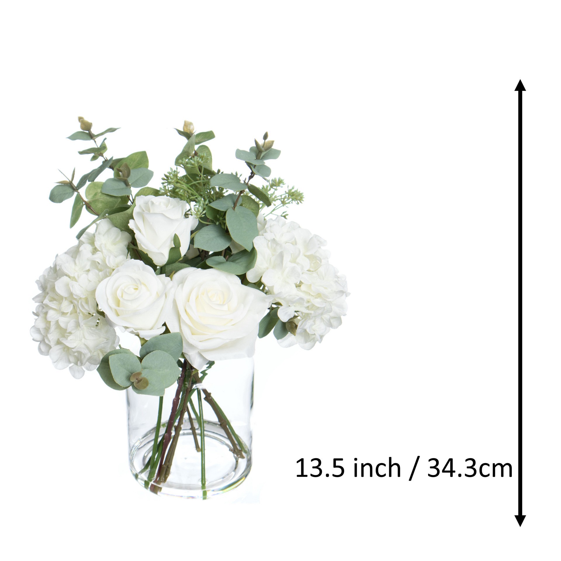 slide 2 of 3, 13.5" Premade White Hydrangea, Rose & Eucalyptus In Glass Vase By Ashland, 11.8 in x 11.8 in x 13.5 in