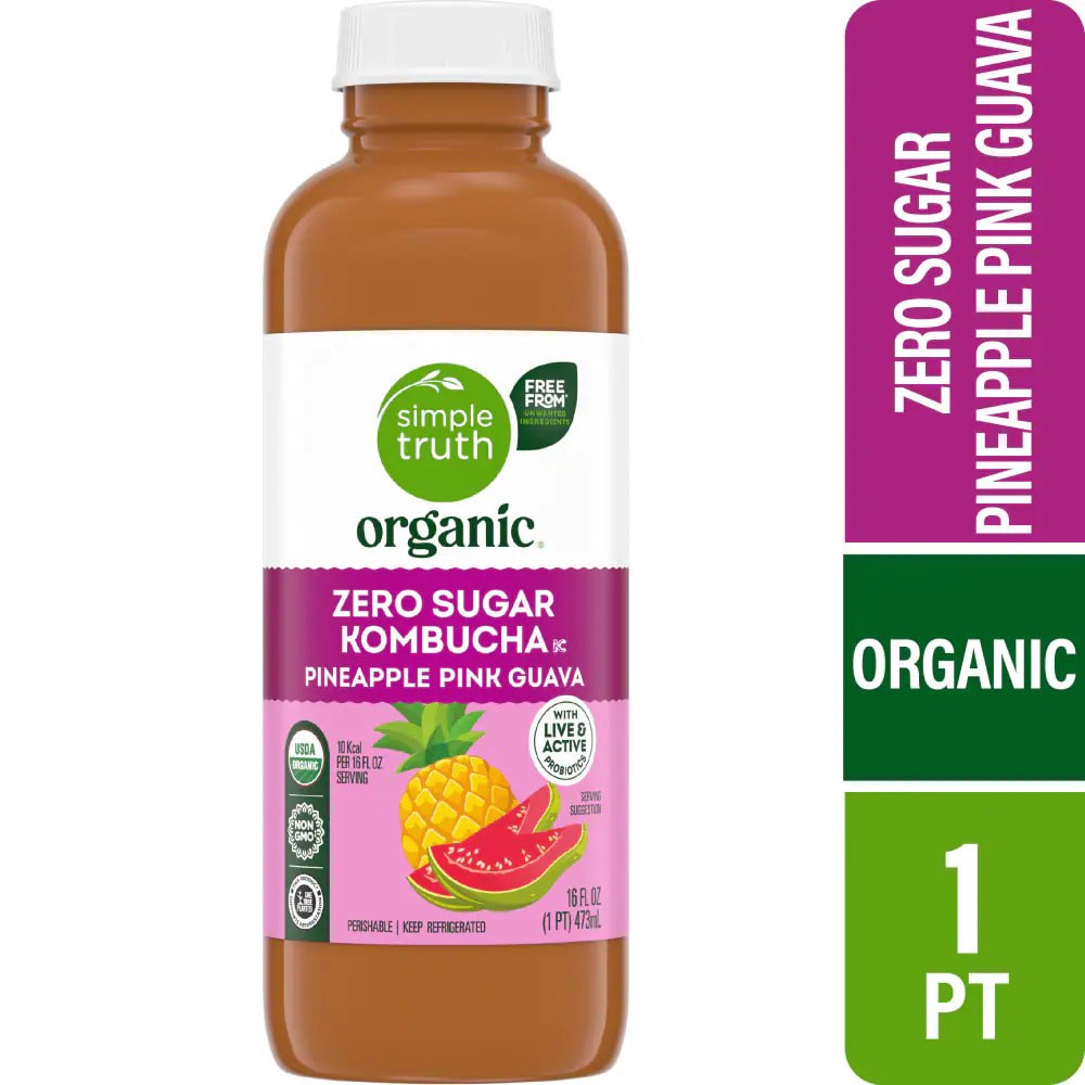 slide 1 of 4, Simple Truth Organic Pineapple Pink Guava Zero Sugar Kombucha, 16 fl oz