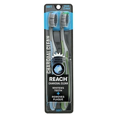 slide 1 of 1, REACH Charcoal Clean Soft Toothbrushes, 2 ct
