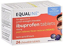 slide 1 of 1, Equaline Ibuprofen, Children's, 100 mg, Chewable Tablets, Grape Flavor, 24 Each, 100 milligrams