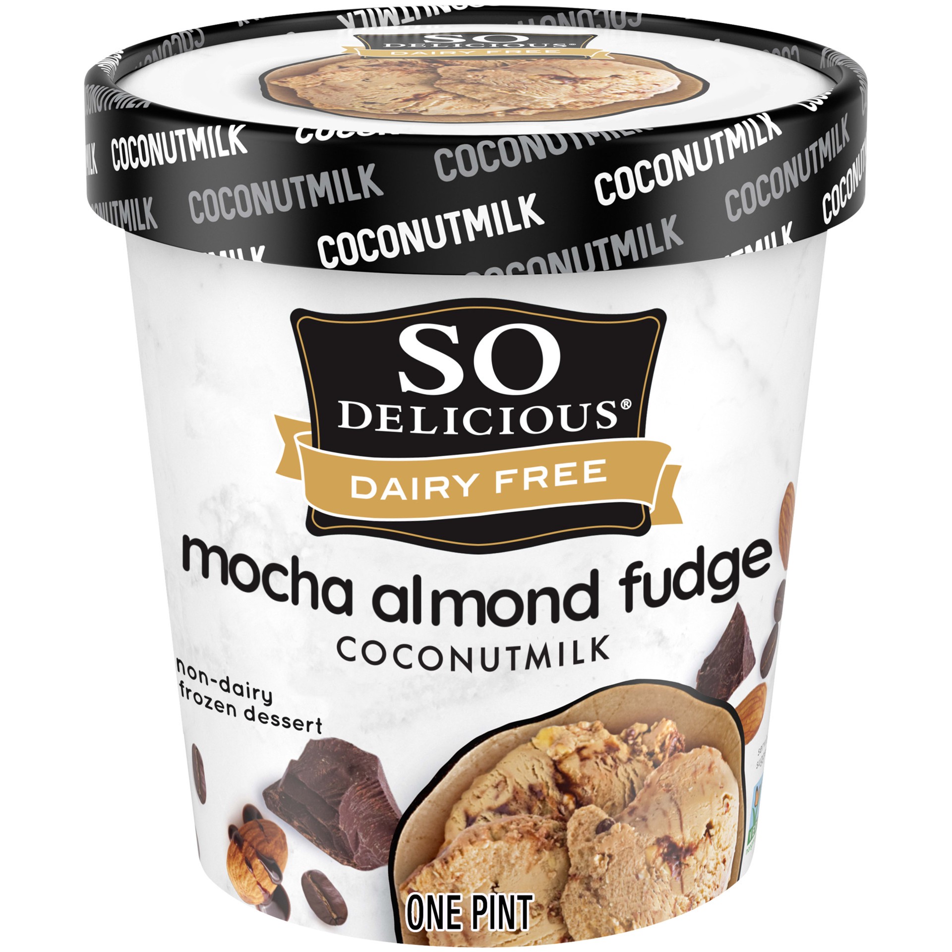 slide 1 of 1, So Delicious Dairy Free Coconut Milk Frozen Dessert, Mocha Almond Fudge, Vegan, Non-GMO Project Verified, 1 Pint, 16 fl oz