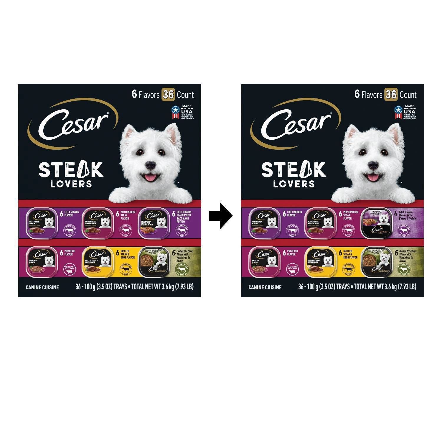 slide 4 of 7, Cesar Steak Lovers 6 Flavors Canine Cuisine 36 - 100 g Trays, 36 ct