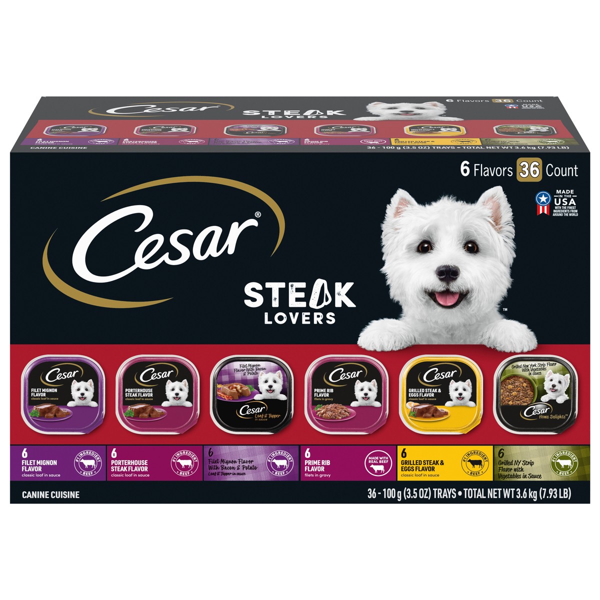 slide 1 of 7, Cesar Steak Lovers 6 Flavors Canine Cuisine 36 - 100 g Trays, 36 ct