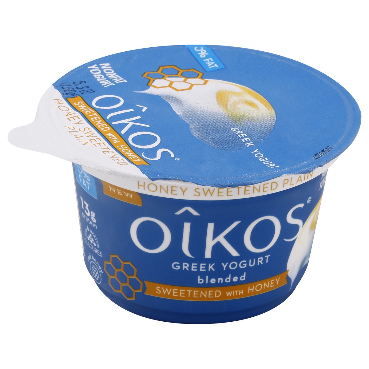 slide 1 of 10, Oikos Nonfat Greek Blended Honey Sweetened Plain Yogurt 5.3 oz, 5.3 oz