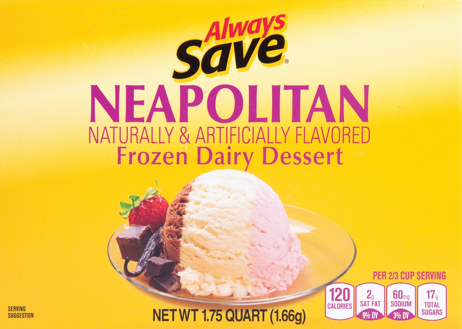 slide 1 of 1, Always Save Neapolitan Frozen Dairy Dessert, 1.75 qt