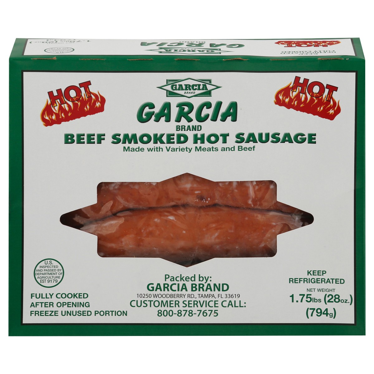 slide 1 of 9, Garcia Brand Hot Beef Smoked Sausage 1.75 lb, 28 oz