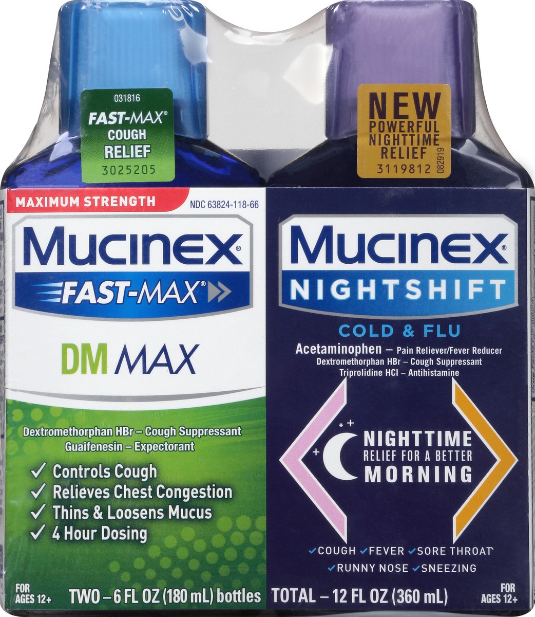 slide 1 of 9, Mucinex Fast-Max/Night Shift DM Max/Cold & Flu 2 ea, 12 oz