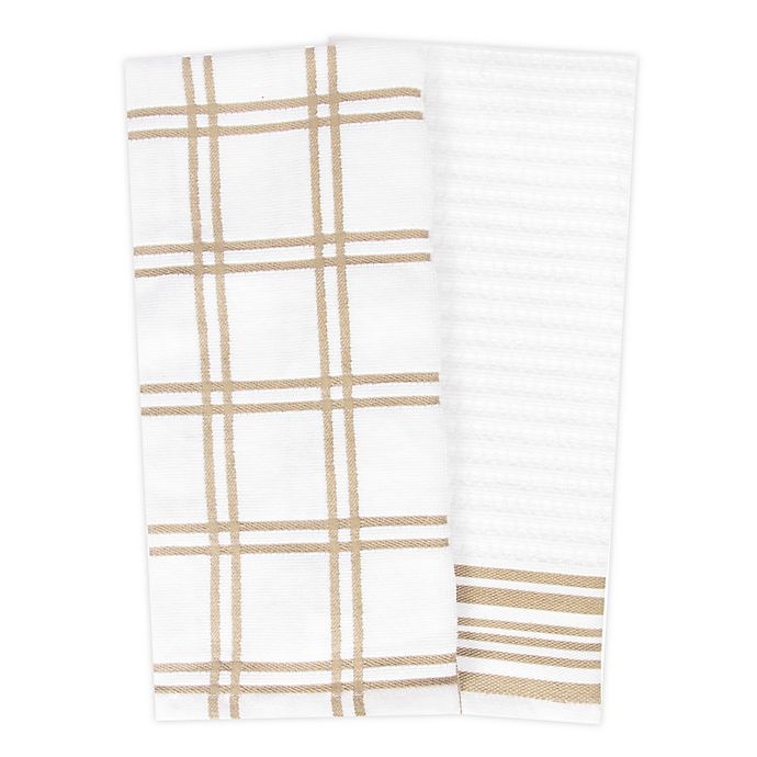 slide 1 of 5, KitchenSmart Colors Plaid Windowpane Kitchen Towels - Sand, 2 ct