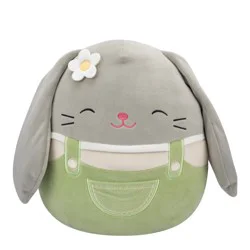 Squishmallows 10" Grey Bunny in Green Overalls with Closed Eyes and Flower Pin