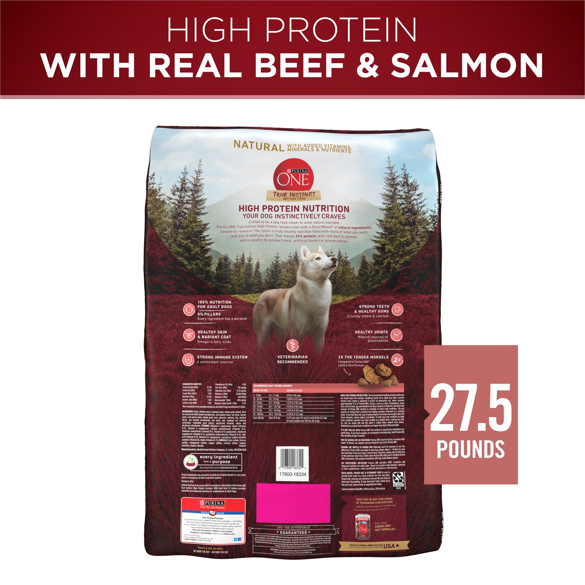 slide 8 of 8, ONE Purina ONE Natural High Protein Dry Dog Food Dry True Instinct with Real Beef and Salmon With Bone Broth and Added Vitamins, Minerals and Nutrients, 27.50 lb