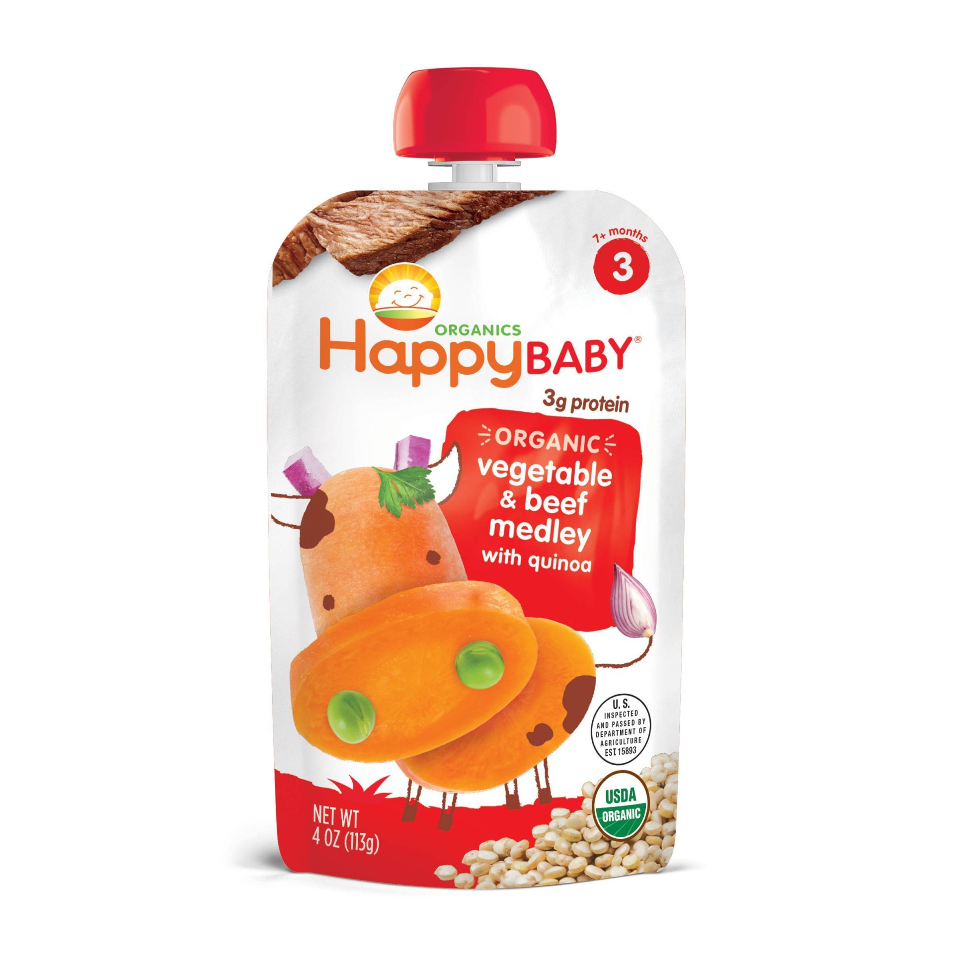 slide 1 of 6, Happy Baby Stage 3 Vegetable & Beef Medley with Quinoa Organic Baby Food, 4 oz