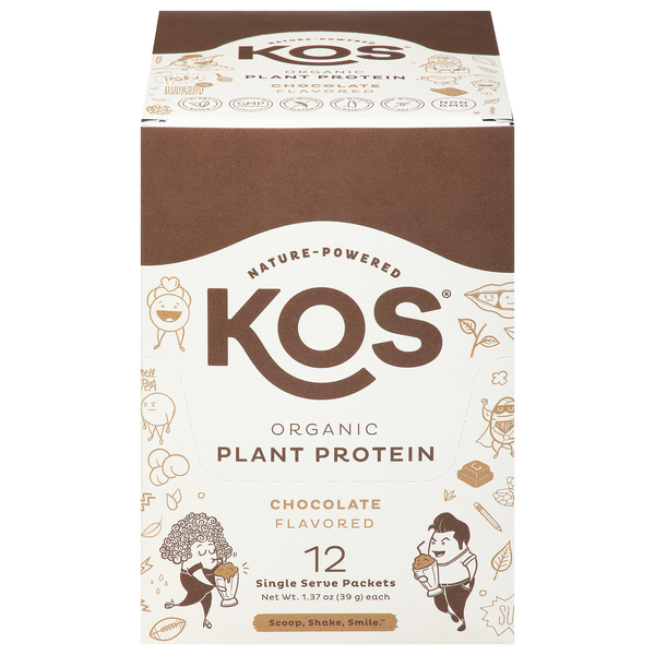 slide 1 of 1, KOS Organic Chocolate 20g Plant Protein Powder Single Serve Packets 12 ct, 12 ct; 1.37 oz