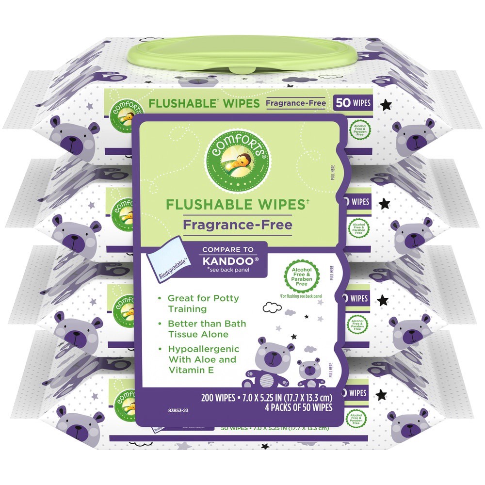 slide 3 of 6, Comforts Fragrance Free Flushable Wipes, 4 ct  200 ct