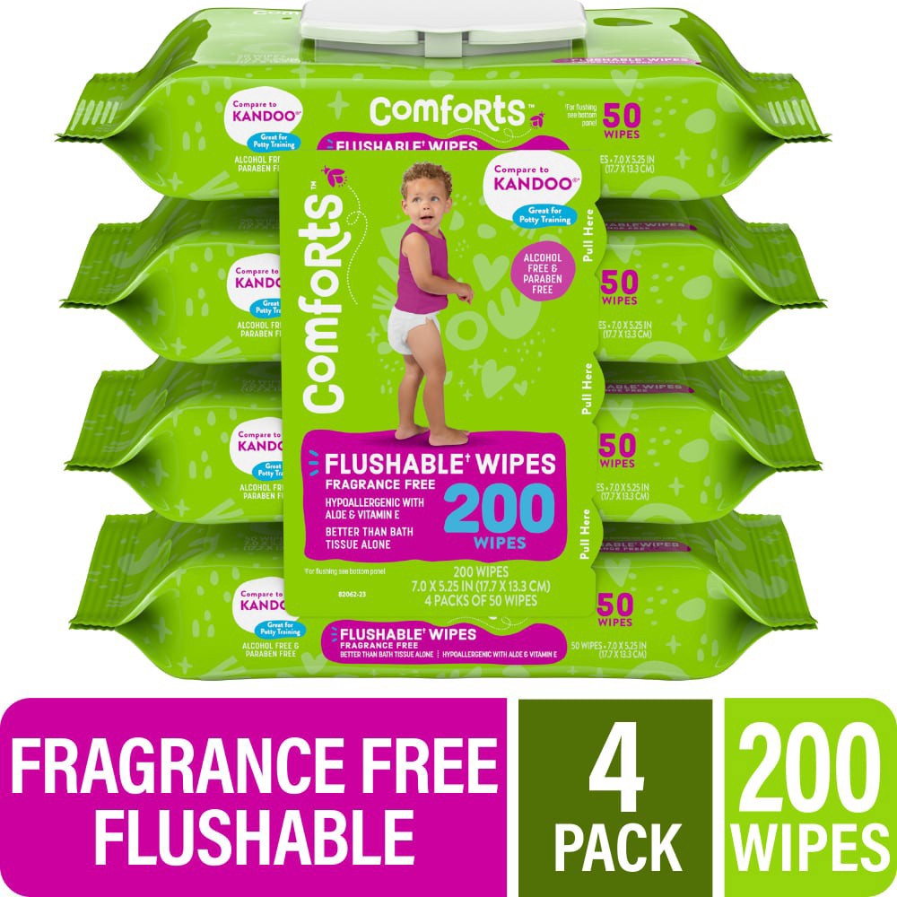 slide 5 of 6, Comforts Fragrance Free Flushable Wipes, 200 ct
