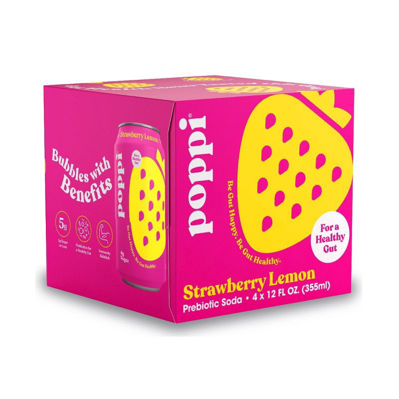 slide 1 of 9, Poppi Strawberry Lemon Prebiotic Soda 4 - 12 fl oz Cans, 4 ct