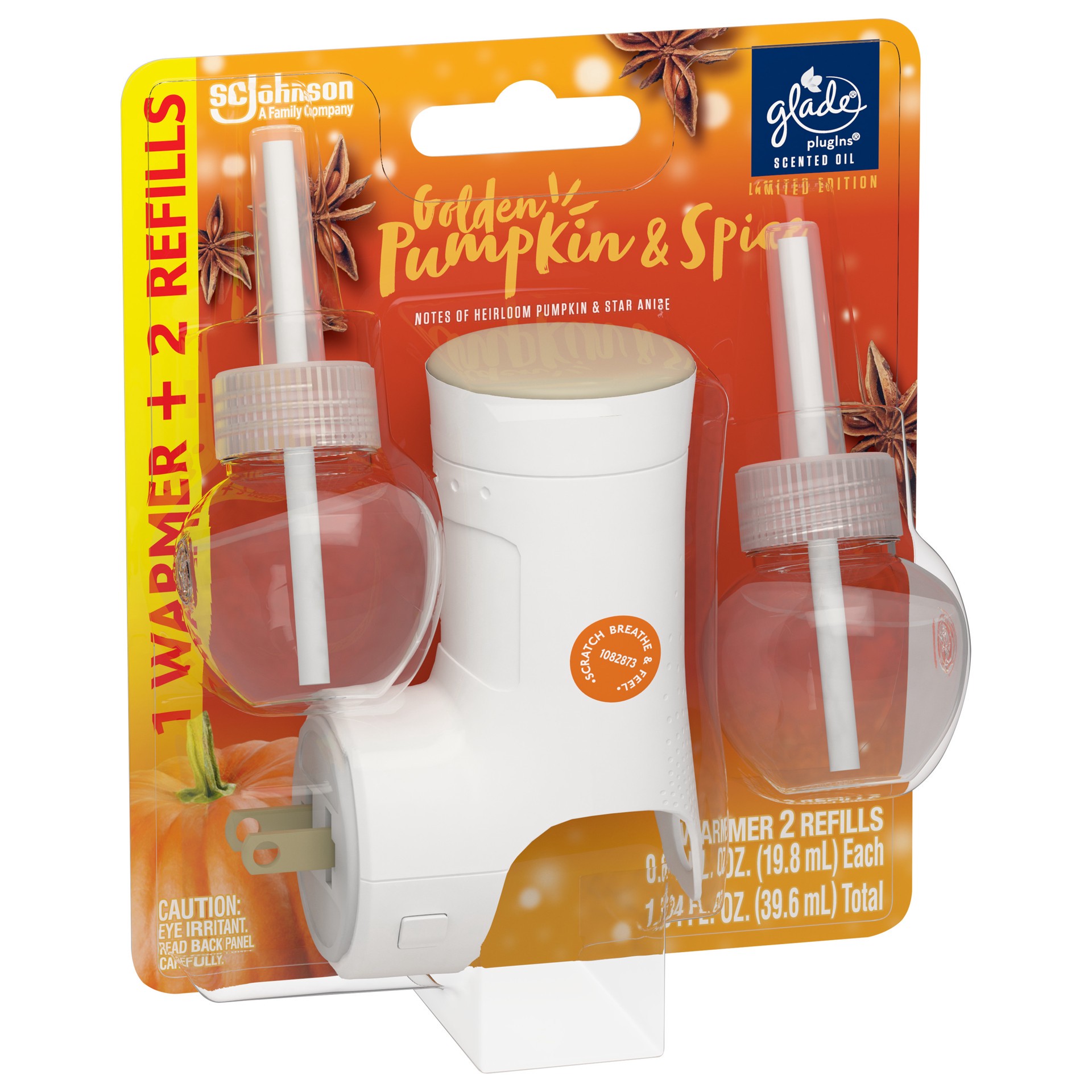 slide 3 of 5, Glade PlugIns Scented Oil, Air Freshener Starter Kit, 1 Warmer + 2 Refills, Golden Pumpkin & Spice, 0.67 oz Each, 1.34 oz Total, 1.34 fl oz