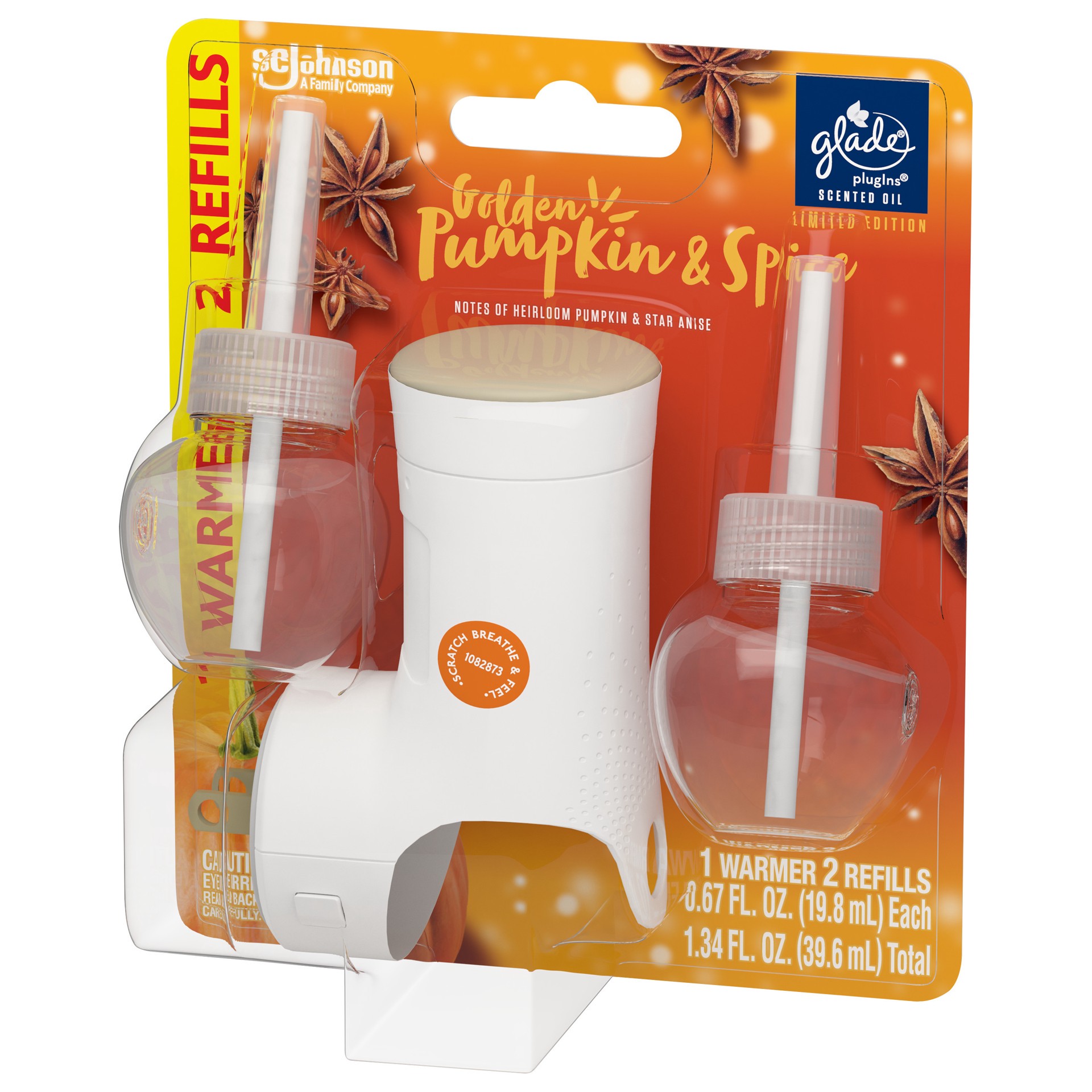 slide 5 of 5, Glade PlugIns Scented Oil, Air Freshener Starter Kit, 1 Warmer + 2 Refills, Golden Pumpkin & Spice, 0.67 oz Each, 1.34 oz Total, 1.34 fl oz