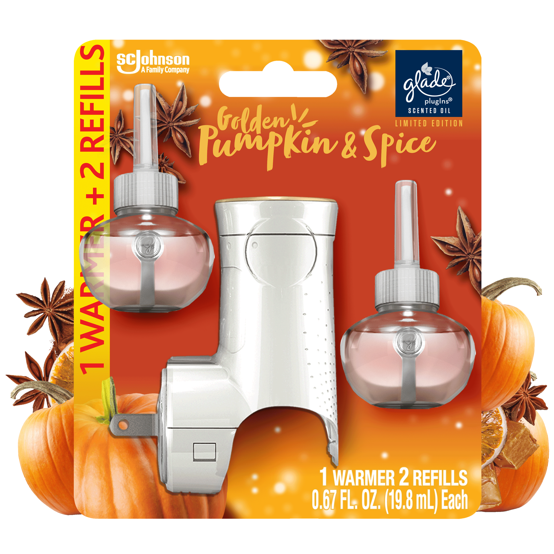 slide 4 of 5, Glade PlugIns Scented Oil, Air Freshener Starter Kit, 1 Warmer + 2 Refills, Golden Pumpkin & Spice, 0.67 oz Each, 1.34 oz Total, 1.34 fl oz