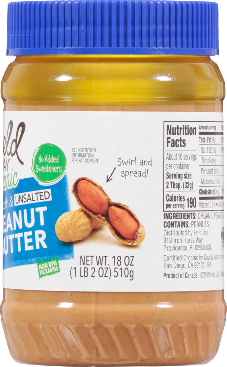 slide 9 of 13, Field Day Organic Smooth & Unsalted Peanut Butter 18 oz, 18 oz