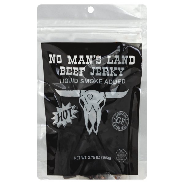 slide 1 of 1, No Man's Land Hot Beef Jerky, 3.75 oz