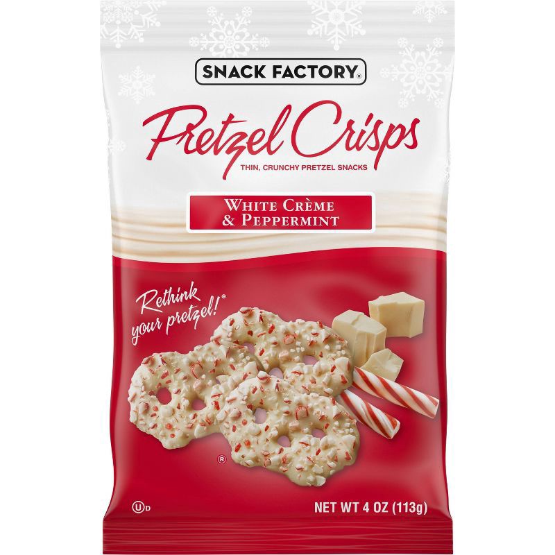 slide 1 of 5, Snack Factory Pretzel Crisps, Holiday White Crème and Peppermint Covered Pretzels, 4 Oz, 4 oz