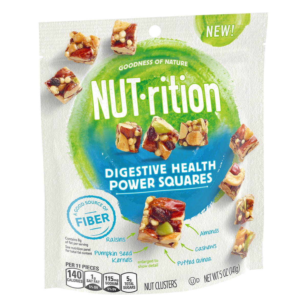 slide 3 of 10, Planters NUT-rition Digestive Health Power Squares Nut Clusters with Raisins, Pumpkin Seeds, Quinoa, Cashews & Almonds, 5 oz Bag, 5 oz