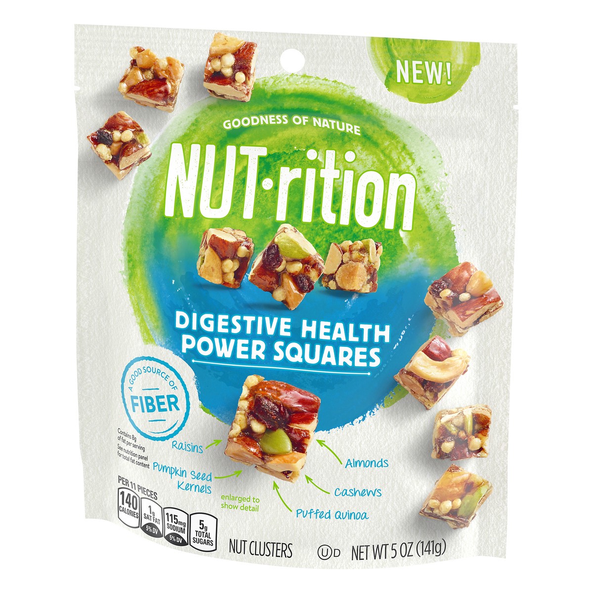 slide 4 of 10, Planters NUT-rition Digestive Health Power Squares Nut Clusters with Raisins, Pumpkin Seeds, Quinoa, Cashews & Almonds, 5 oz Bag, 5 oz