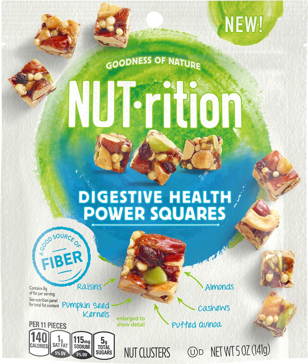 slide 5 of 10, Planters NUT-rition Digestive Health Power Squares Nut Clusters with Raisins, Pumpkin Seeds, Quinoa, Cashews & Almonds, 5 oz Bag, 5 oz