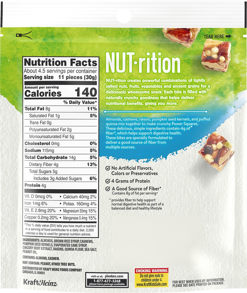 slide 10 of 10, Planters NUT-rition Digestive Health Power Squares Nut Clusters with Raisins, Pumpkin Seeds, Quinoa, Cashews & Almonds, 5 oz Bag, 5 oz